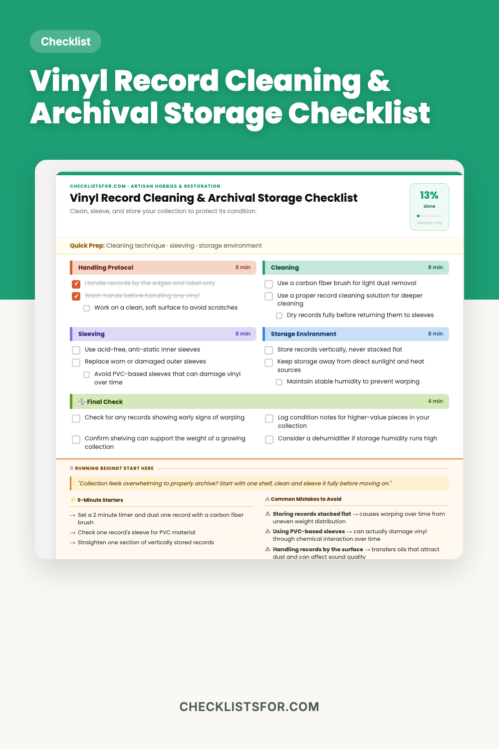 Vinyl Record Collection Cleaning, Sleeving & Archival Storage Checklist cover