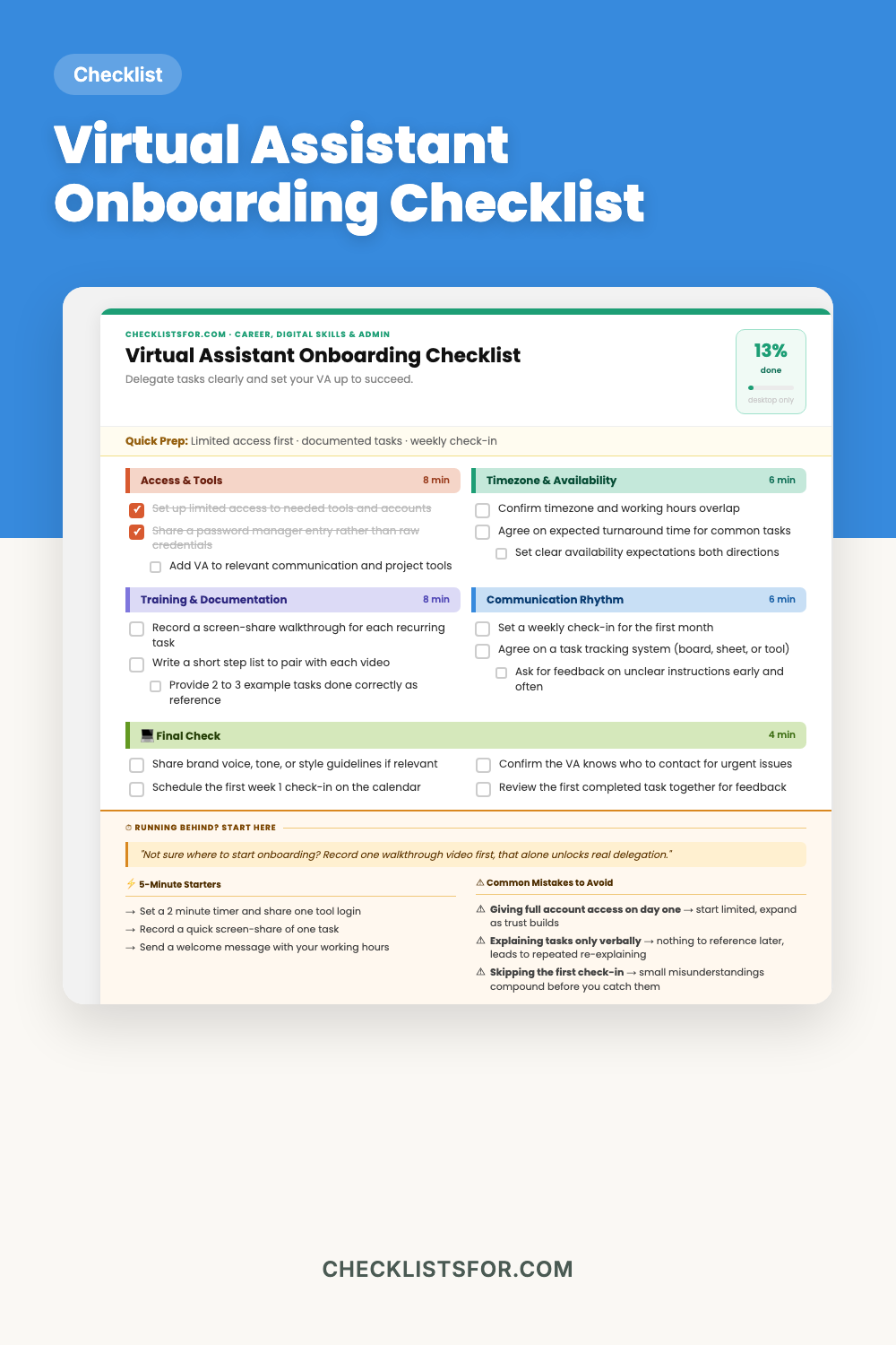 Virtual Assistant Onboarding Checklist cover, task delegation tracker