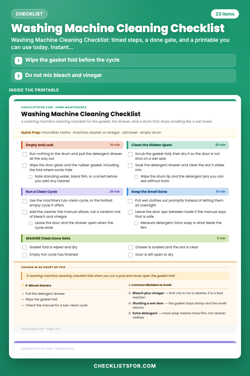 Washing Machine Cleaning Checklist cover, interactive checklist