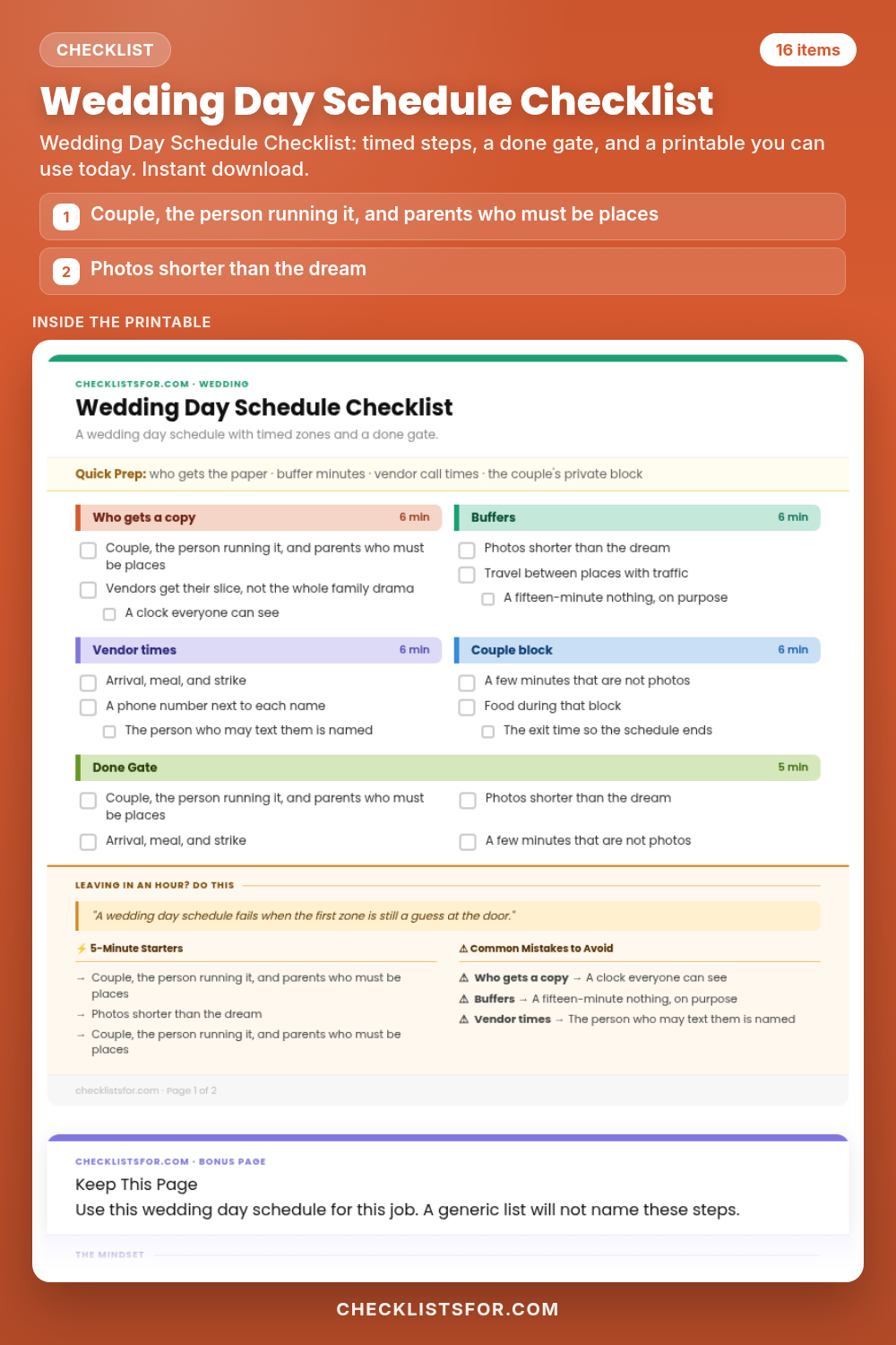 Wedding Day Schedule Checklist cover, interactive checklist