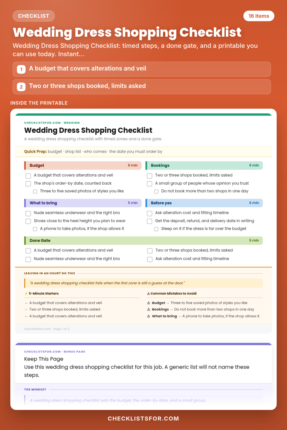 Wedding Dress Shopping Checklist cover, interactive checklist