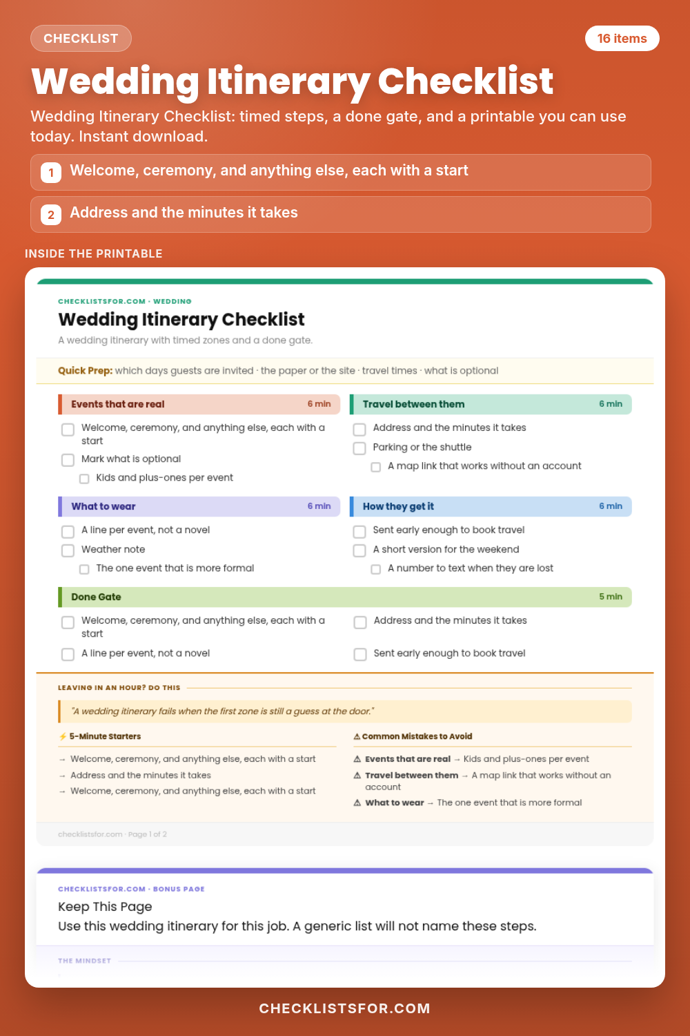 Wedding Itinerary Checklist cover, interactive checklist