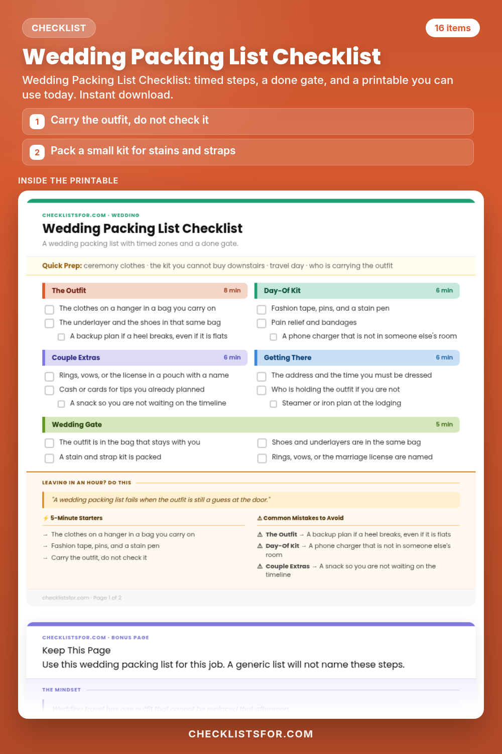 Wedding Packing List Checklist cover, interactive checklist