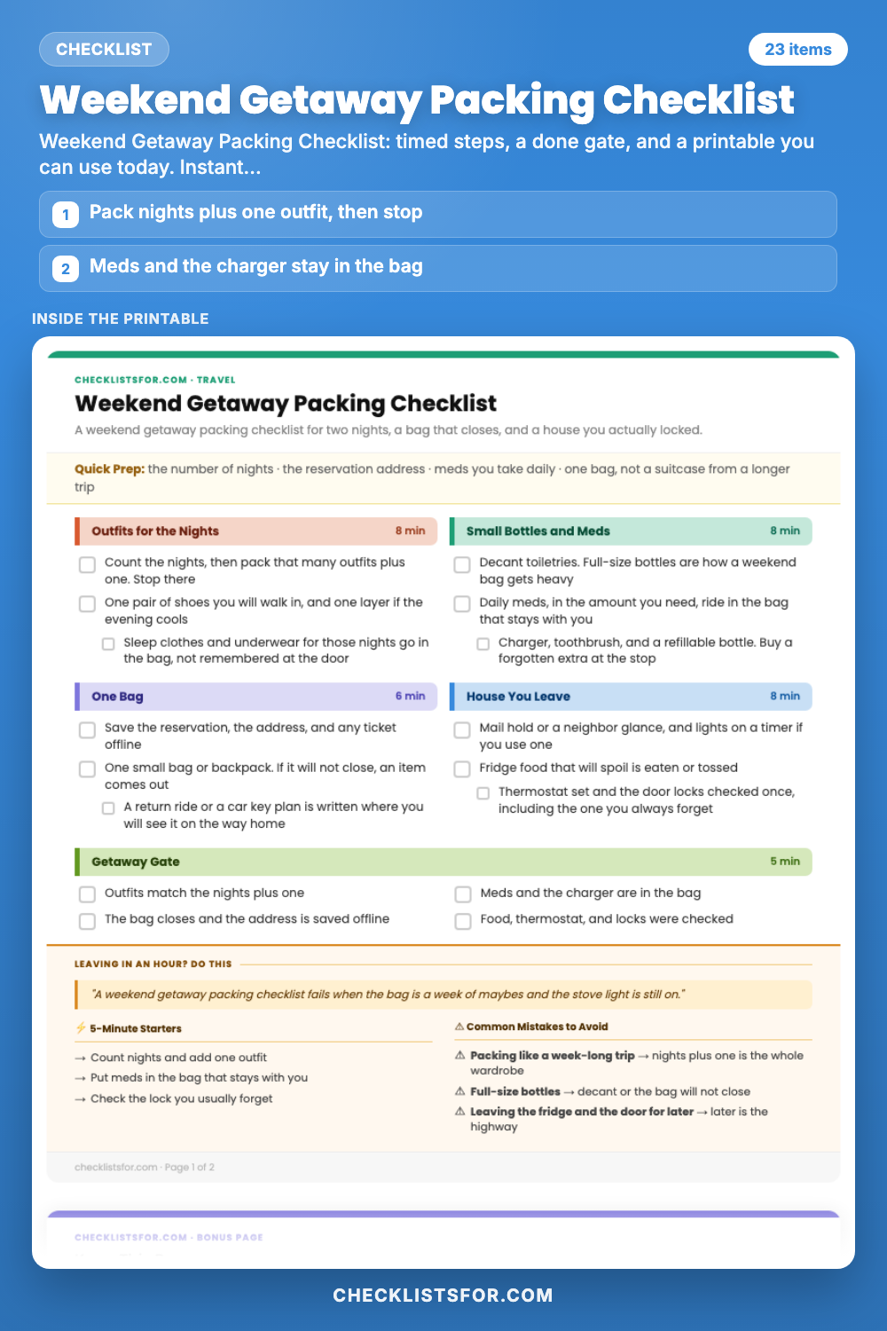 Weekend Getaway Packing Checklist cover, interactive checklist