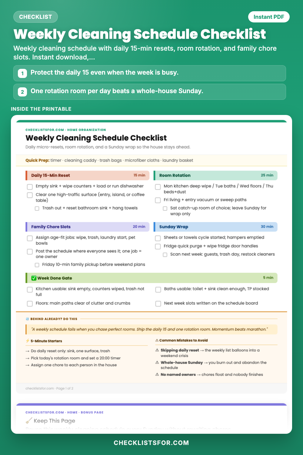 Weekly Cleaning Schedule Checklist cover, interactive checklist