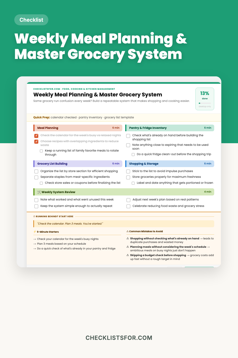 Weekly Meal Planning & Master Grocery System cover, interactive checklist