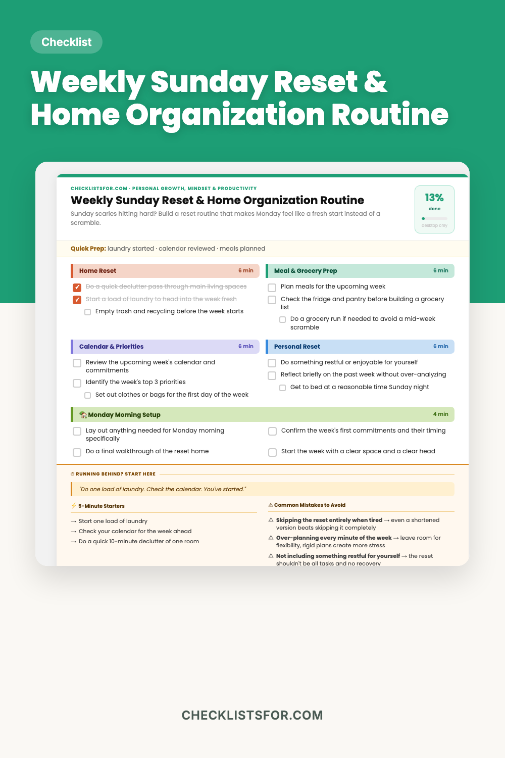 Weekly Sunday Reset & Home Organization Routine cover, interactive checklist