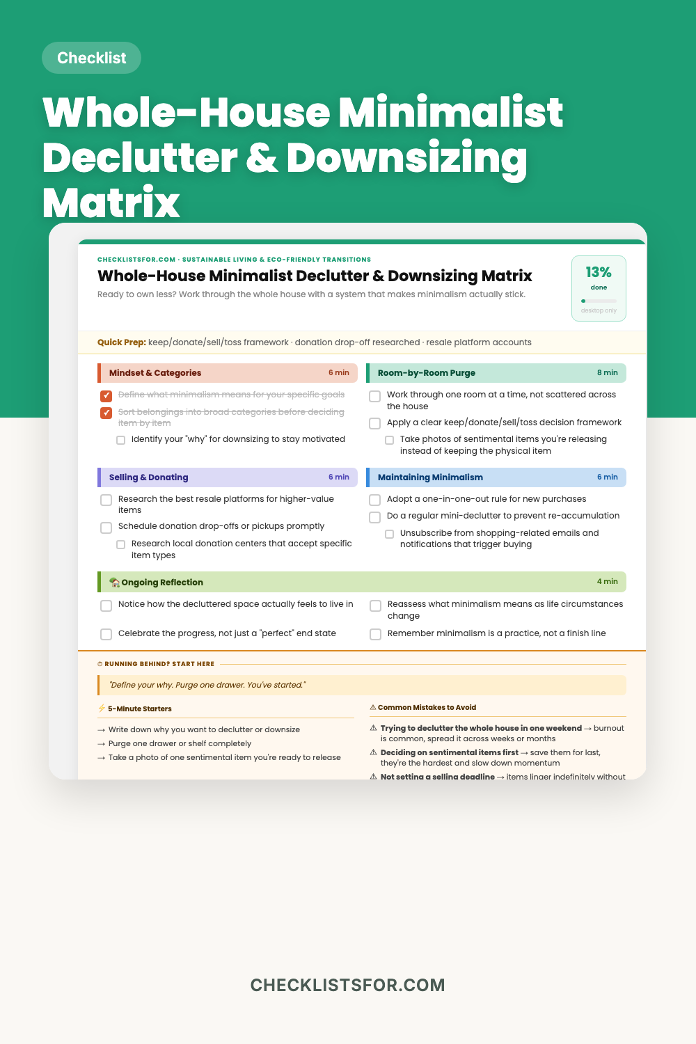 Whole-House Minimalist Declutter & Downsizing Matrix cover, interactive checklist