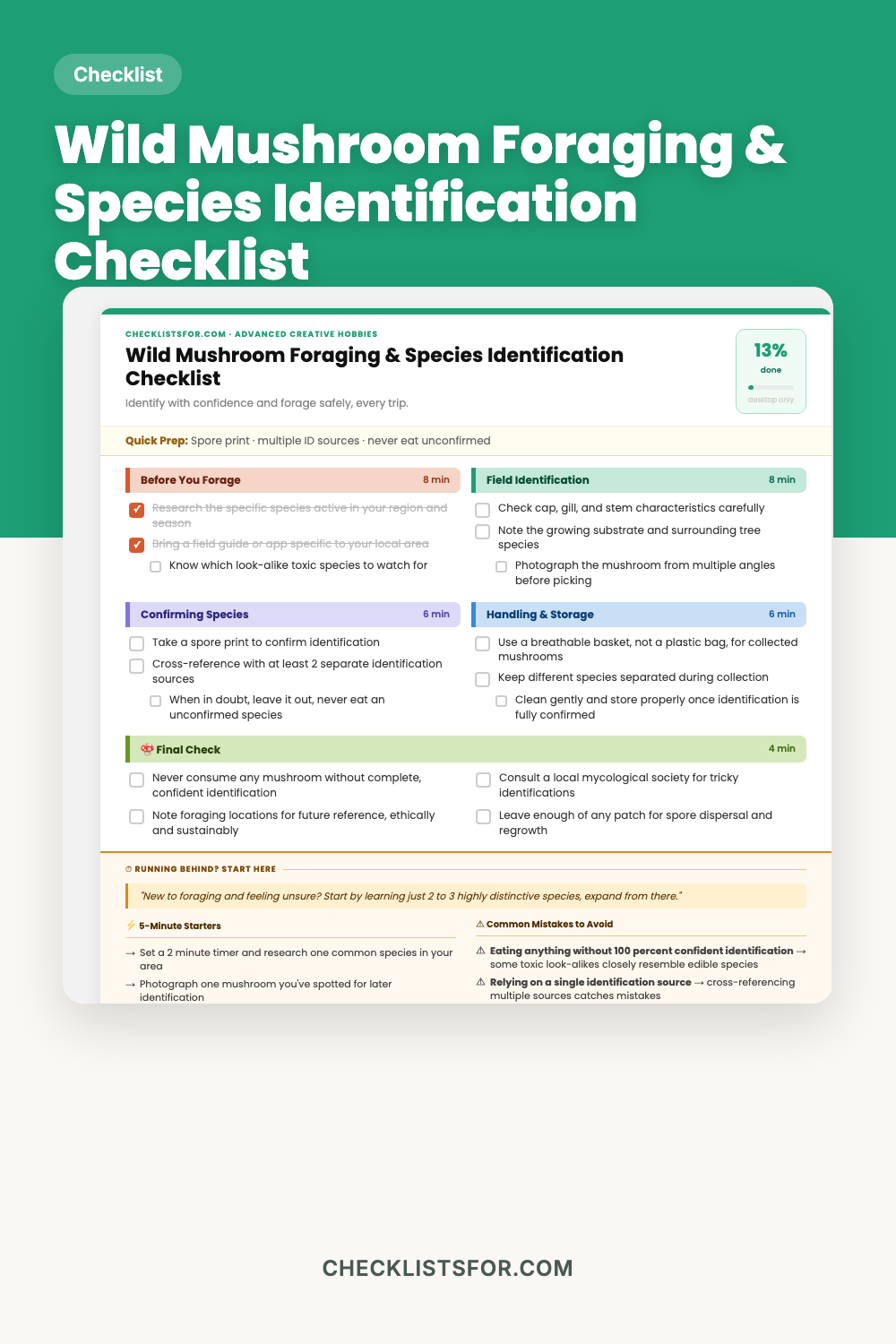 Wild Mushroom Foraging & Field Species Identification Checklist cover