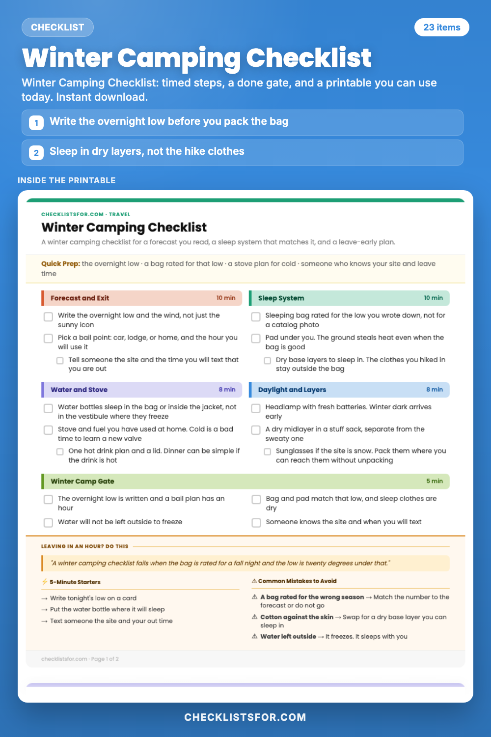 Winter Camping Checklist cover, interactive checklist