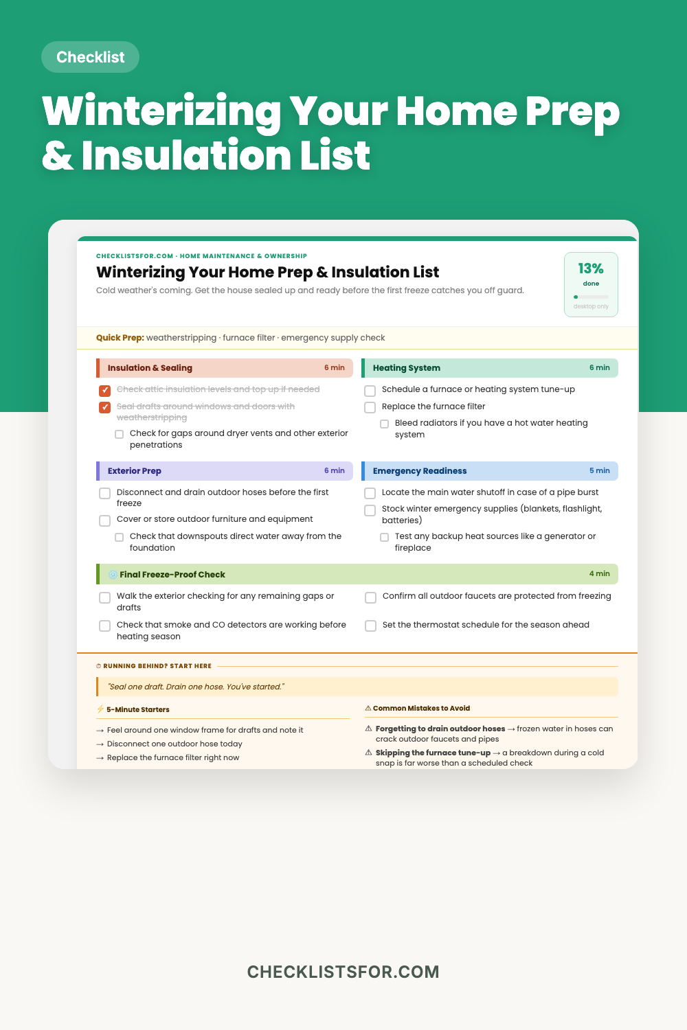 Winterizing Your Home Prep & Insulation List cover, interactive checklist