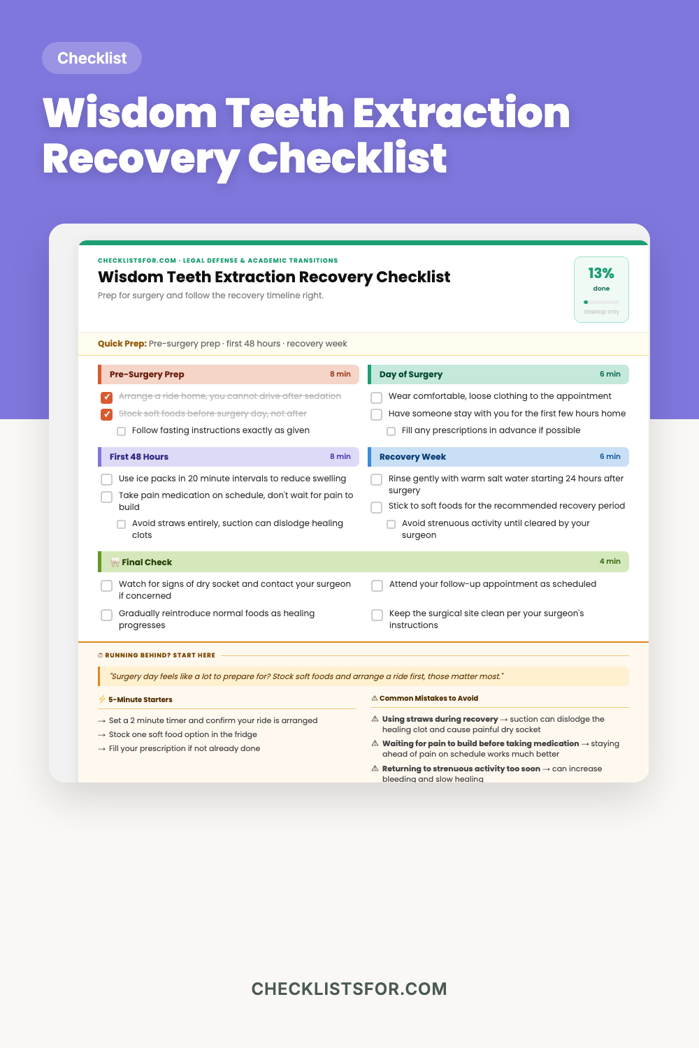 Wisdom Teeth Extraction Pre-Surgery Prep & Post-Op Recovery Checklist cover