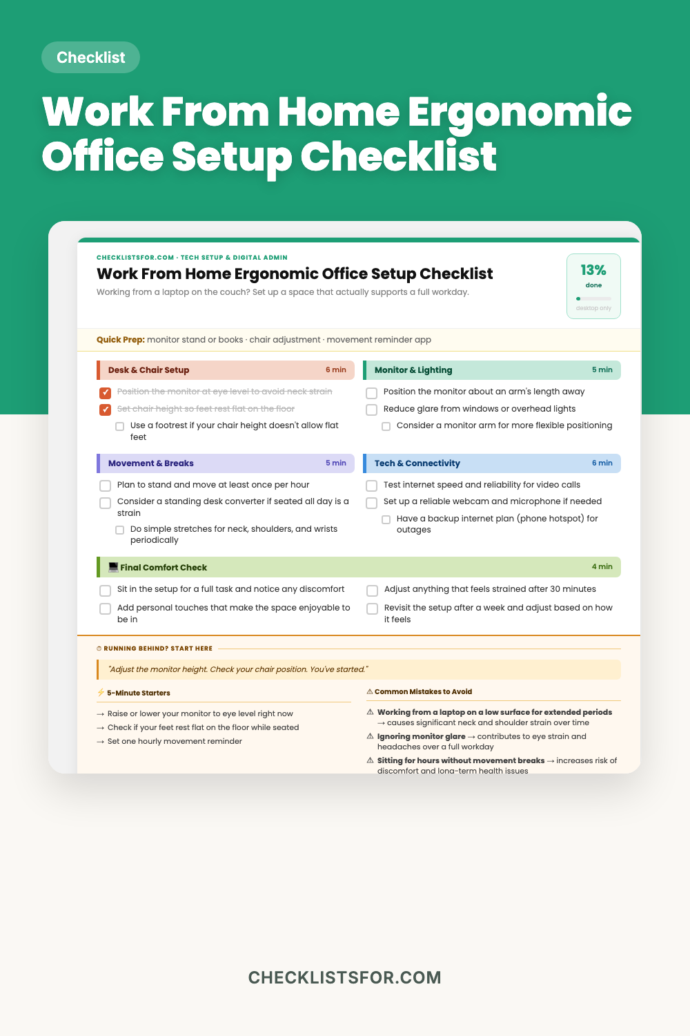 Work From Home Ergonomic Office Setup Checklist cover, interactive checklist