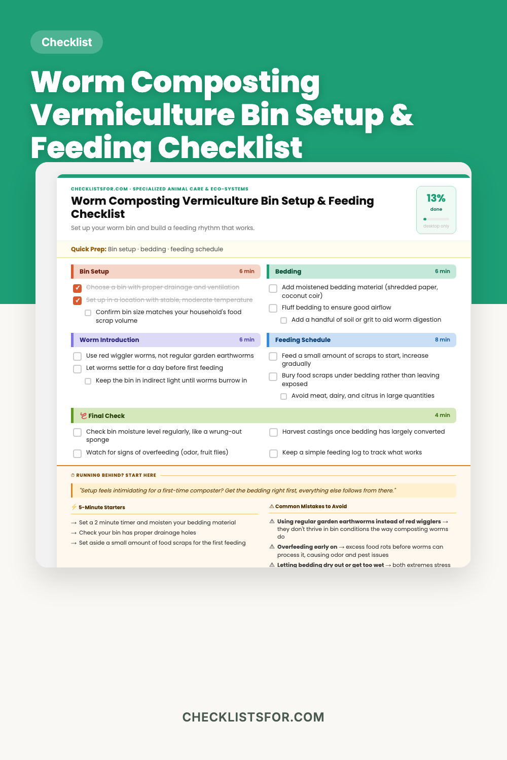 Worm Composting Vermiculture Bin Setup & Feeding Schedule Checklist cover