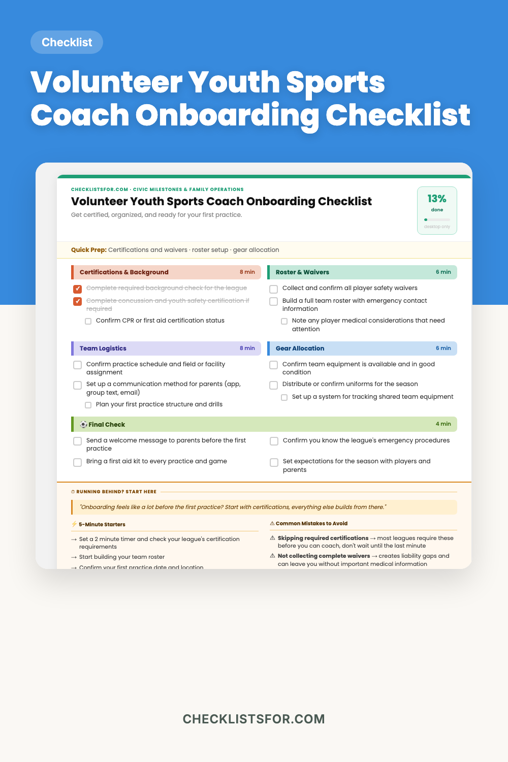 Volunteer Youth Sports Coach Onboarding & Team Logistics Map Checklist cover