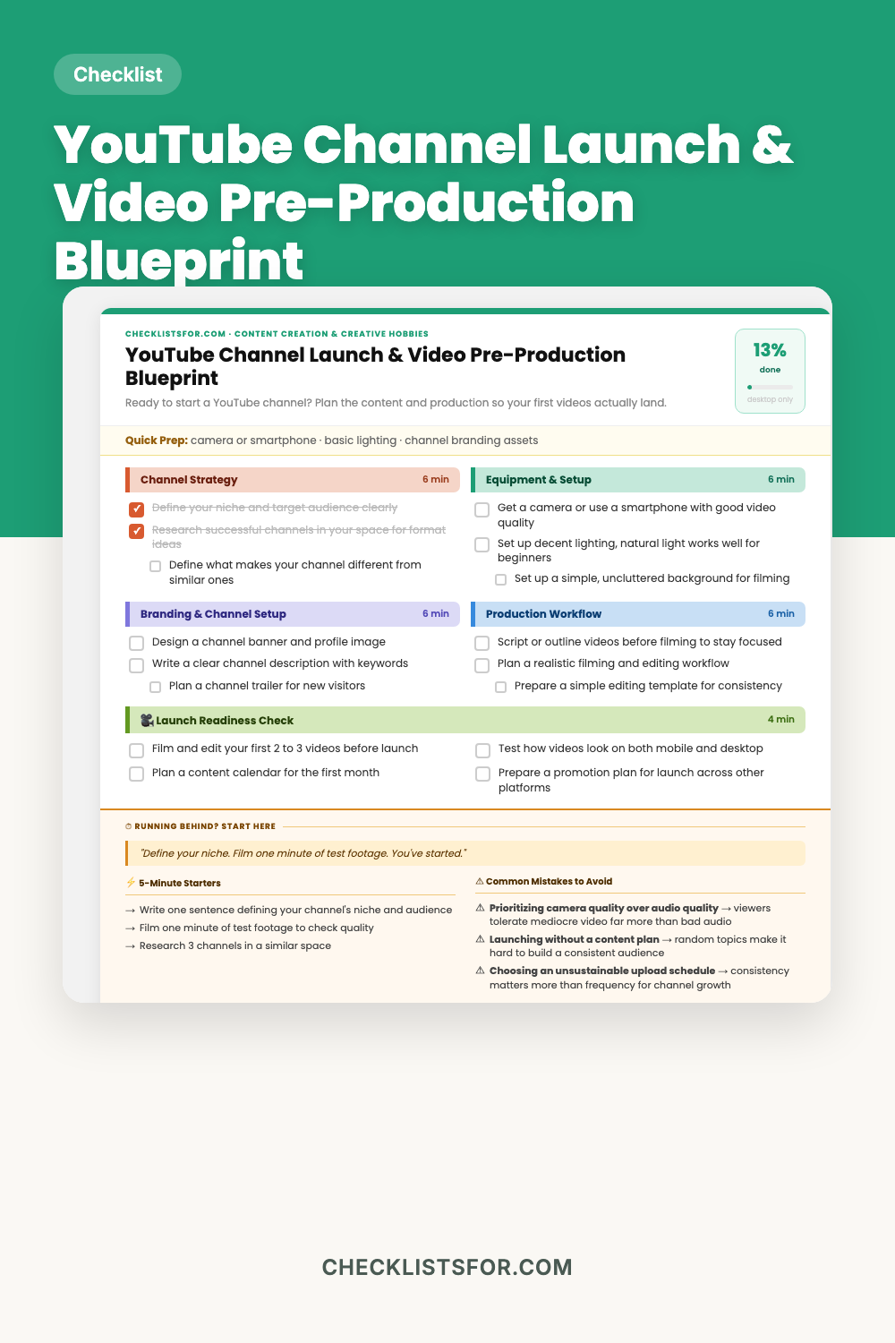 YouTube Channel Launch & Video Pre-Production Blueprint cover, interactive checklist