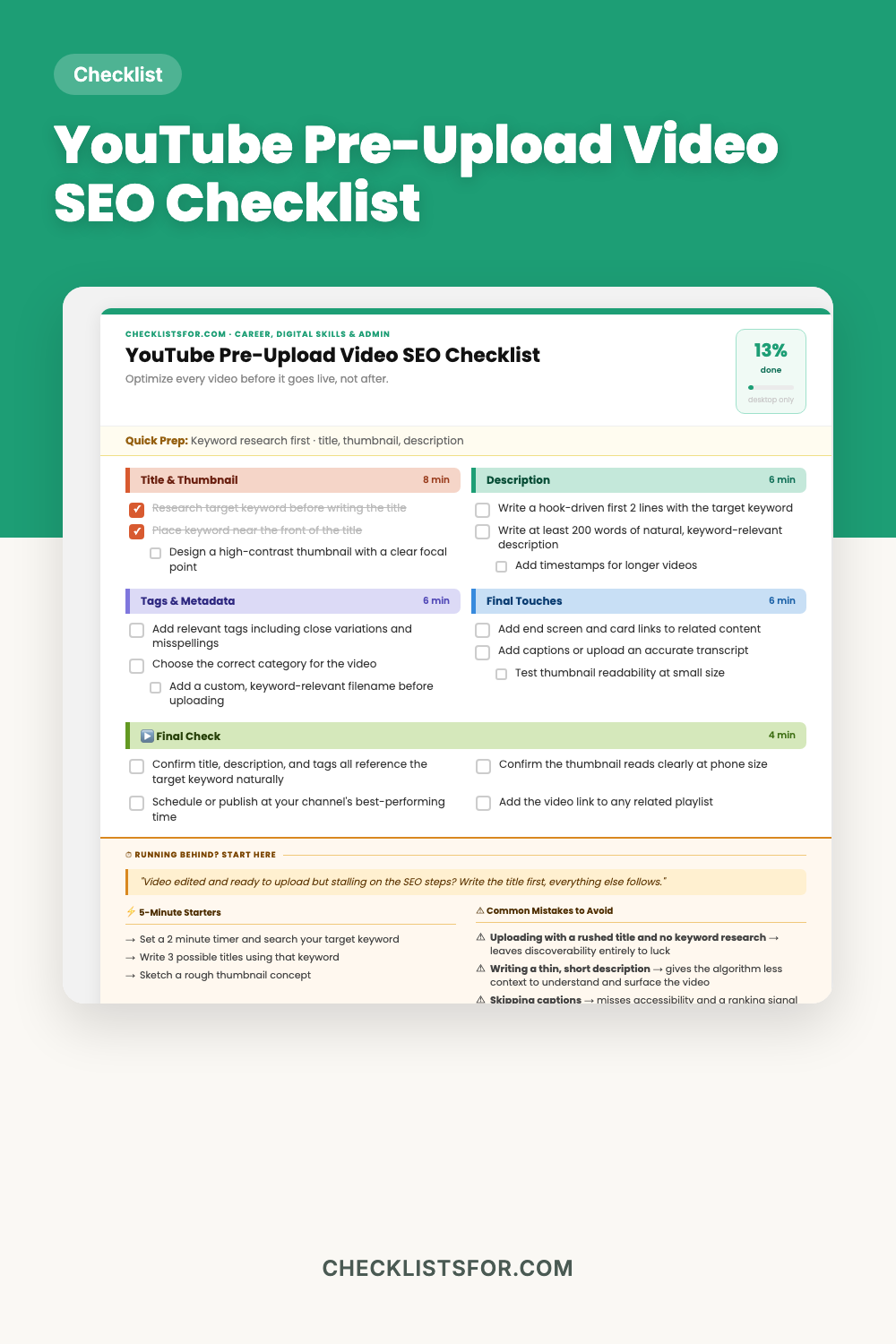 YouTube Pre-Upload Video SEO Optimization Checklist cover, upload tracker