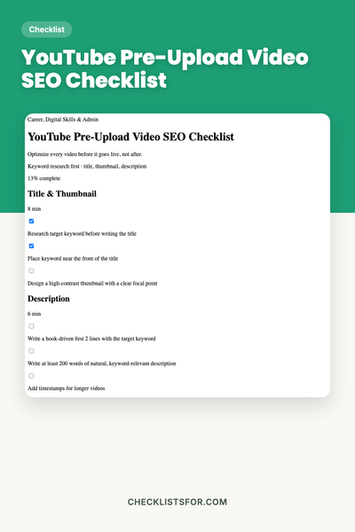 YouTube Pre-Upload Video SEO Checklist